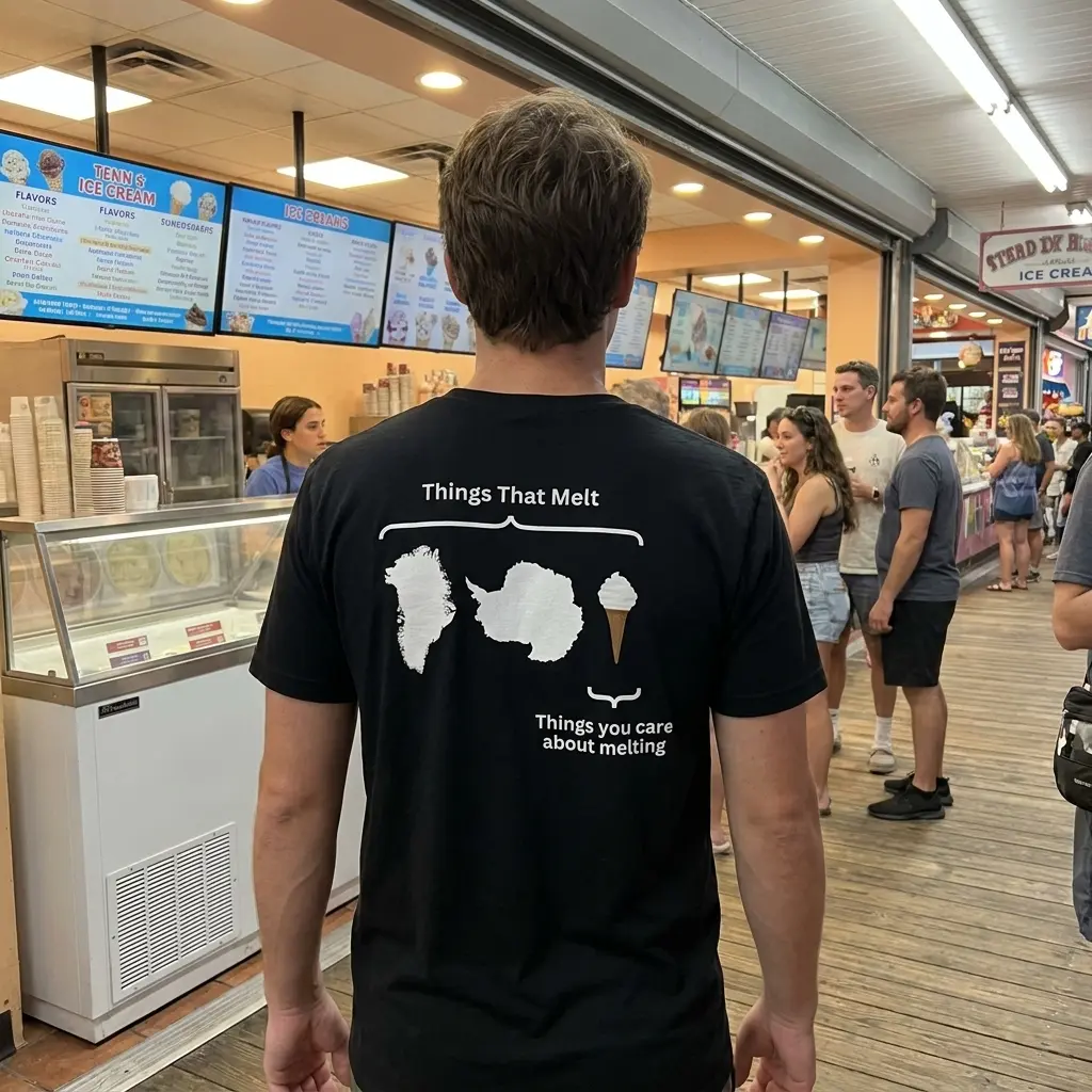 Things That Melt vs Things You Care About Melting T-Shirt 5 Everyday streetwear outfit styling black shirt with black tee back print diagram reading Things That Melt with Greenland Antarctica and an ice cream cone