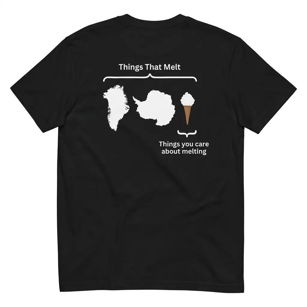 Things That Melt vs Things You Care About Melting T-Shirt 1 Flatlay black t-shirt featuring black tee back print diagram reading Things That Melt with Greenland Antarctica and an ice cream cone