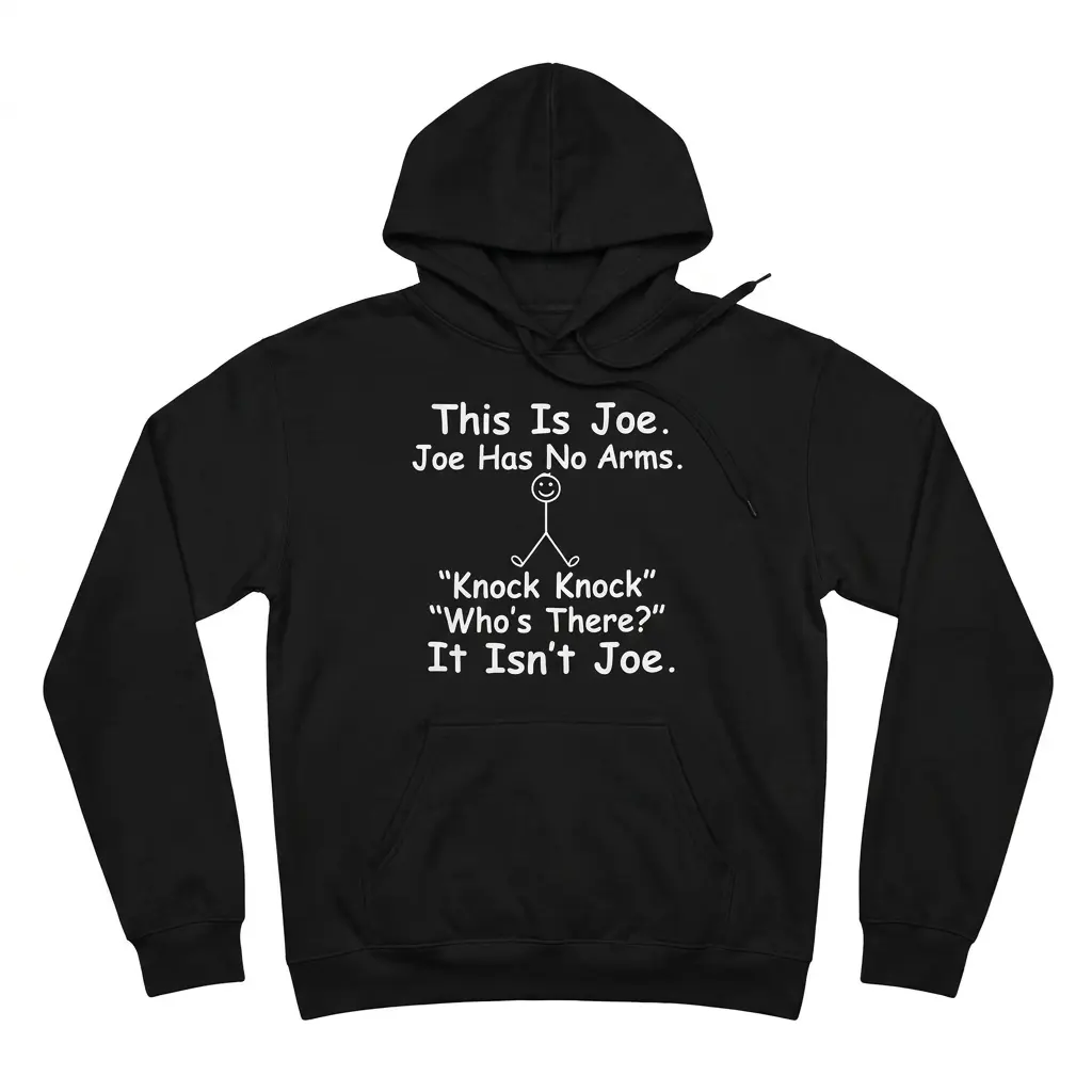 Black pullover hoodie flatlay featuring the white This Is Joe Joe Has No Arms Knock Knock stick figure graphic