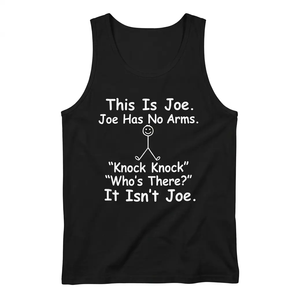 Black tank top flatlay printed with the funny This Is Joe Knock Knock Who's There It Isn't Joe joke