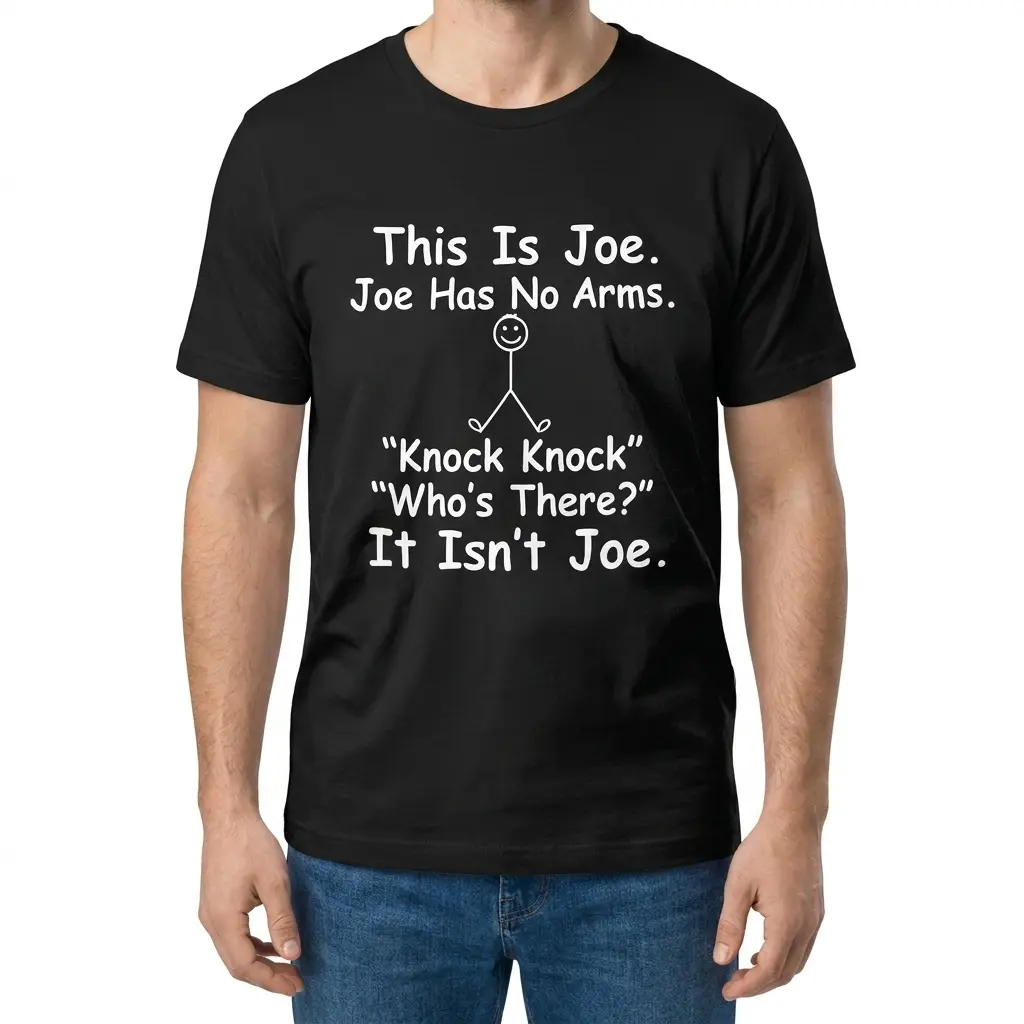 Man wearing the black This Is Joe Joe Has No Arms Knock Knock Dark Humor T-Shirt with white chest print