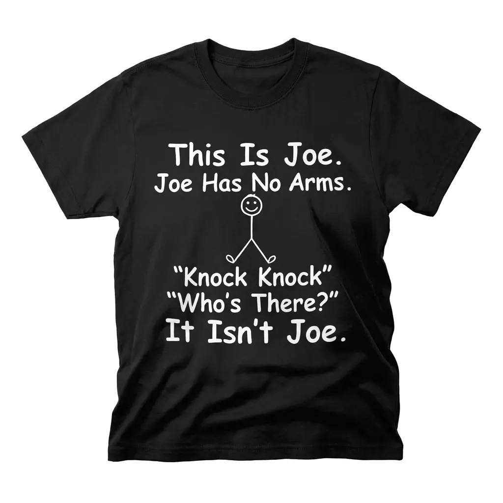 This Is Joe Joe Has No Arms Knock Knock Dark Humor T-Shirt front flatlay on a black tee with stick figure art