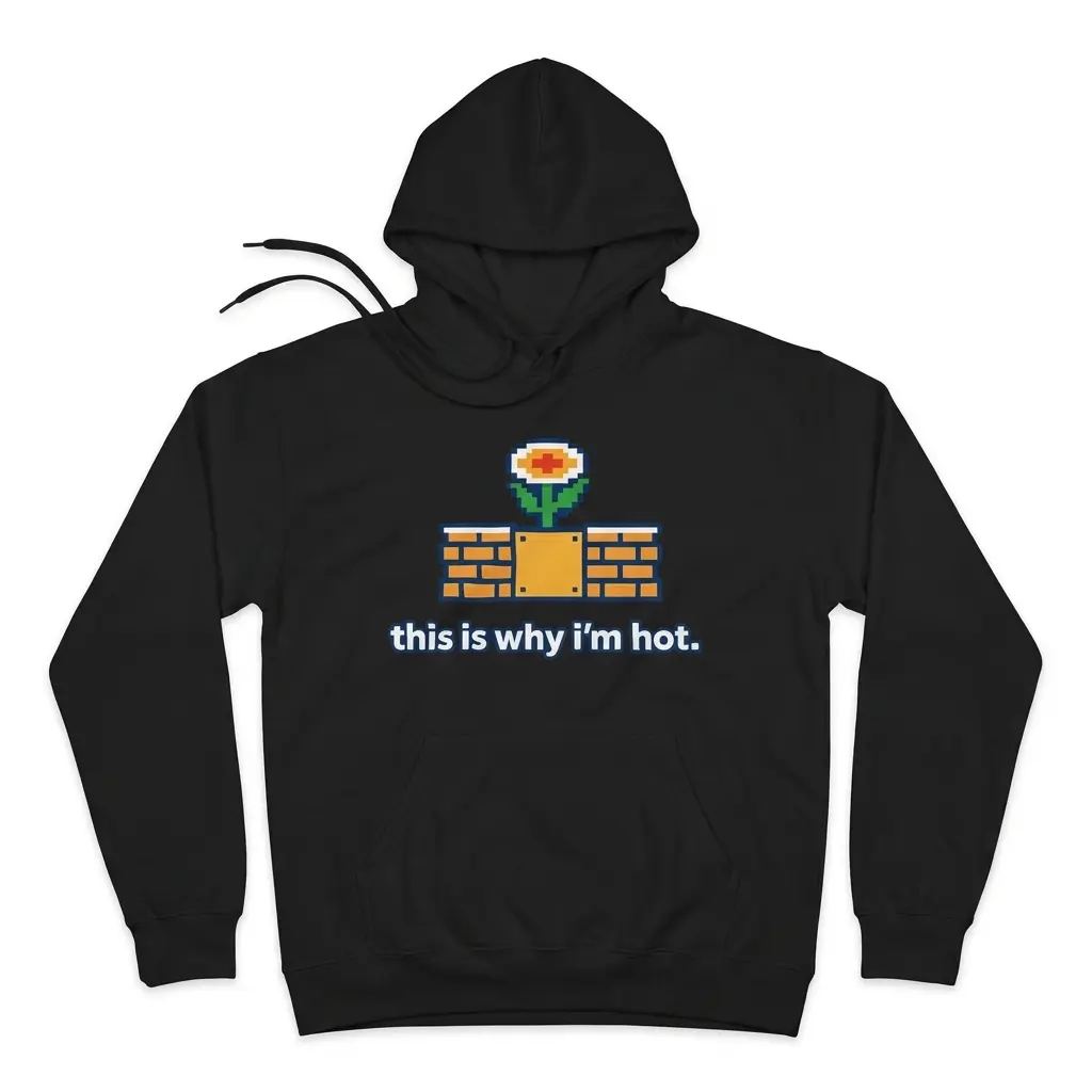 This Is Why I'm Hot 8-Bit Retro Fire Flower T-Shirt 2 Cozy pullover hoodie displaying black tee front print reading this is why im hot below an 8-bit pixel fire flower on retro brick blocks