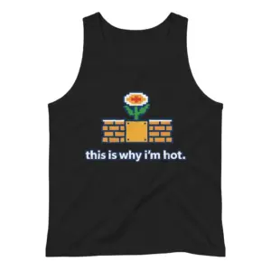 This Is Why I'm Hot 8-Bit Retro Fire Flower T-Shirt 8 Sleeveless casual tank top with black tee front print reading this is why im hot below an 8-bit pixel fire flower on retro brick blocks