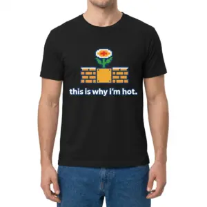 This Is Why I'm Hot 8-Bit Retro Fire Flower T-Shirt 9 Man wearing black graphic tee with black tee front print reading this is why im hot below an 8-bit pixel fire flower on retro brick blocks