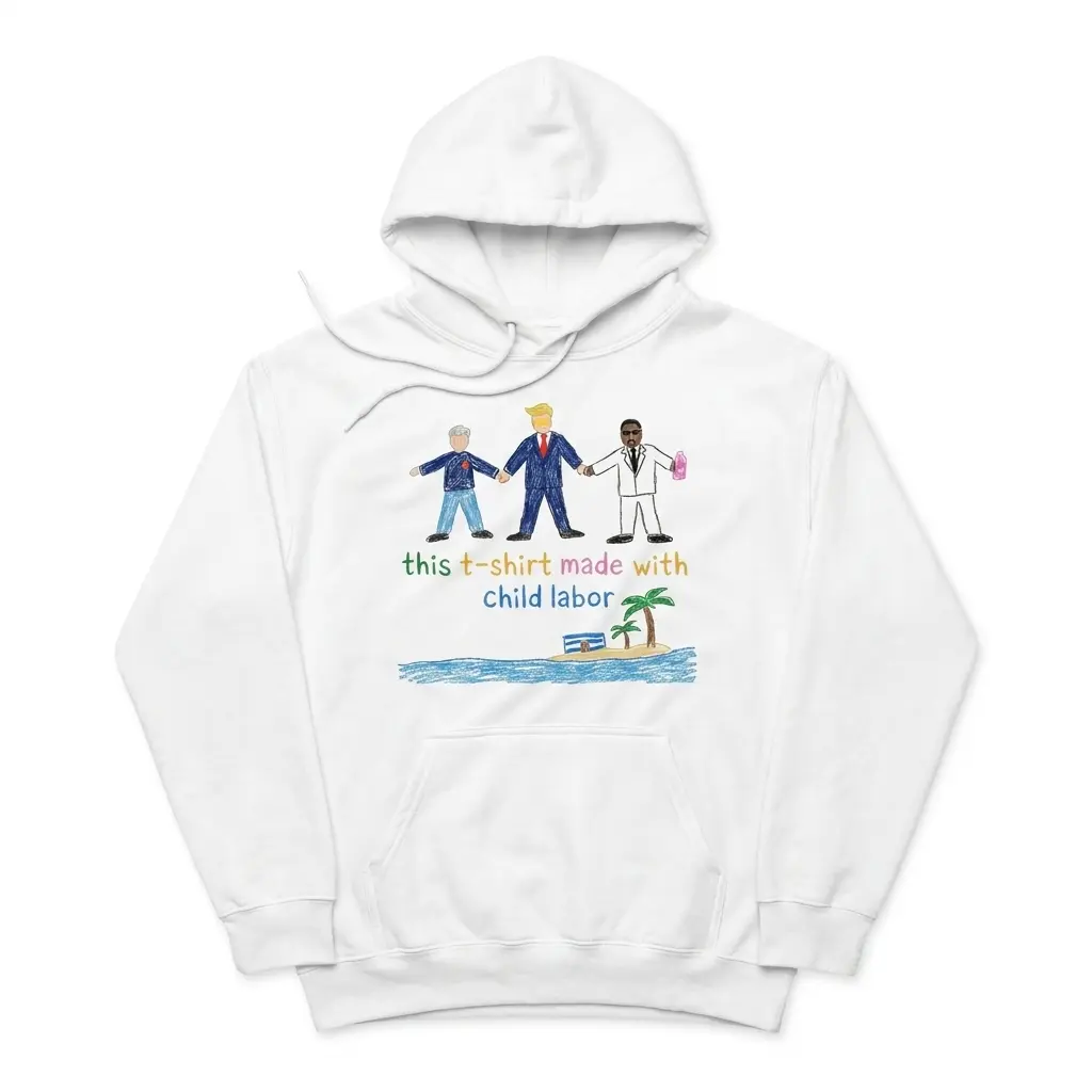 Cozy pullover hoodie displaying white tee front print reading THIS T-SHIRT MADE WITH CHILD LABOR with three crayon figures and a palm tree island
