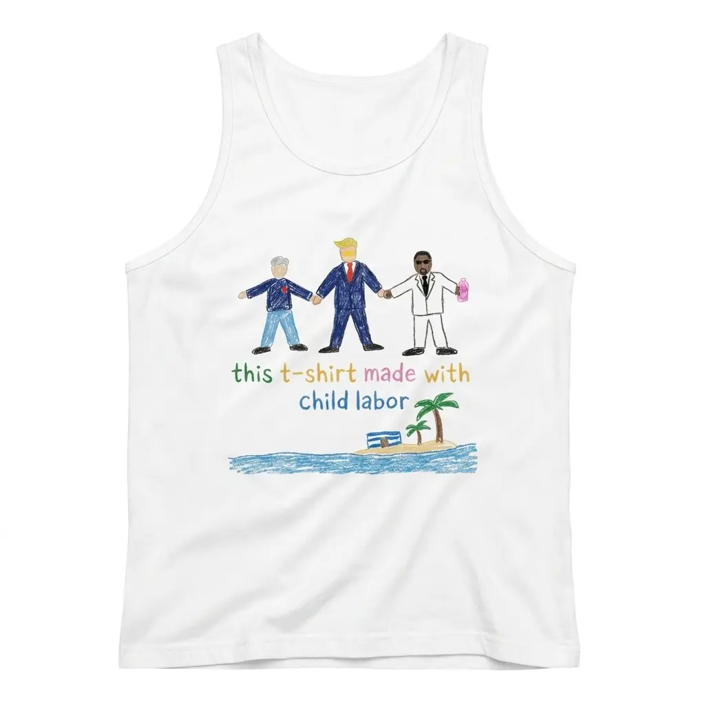 Sleeveless casual tank top with white tee front print reading THIS T-SHIRT MADE WITH CHILD LABOR with three crayon figures and a palm tree island
