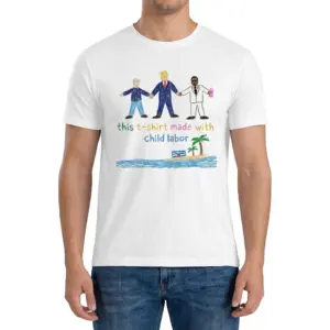 This T-Shirt Made With Child Labor Crayon Satire White T-Shirt 9 Man wearing white graphic tee with white tee front print reading THIS T-SHIRT MADE WITH CHILD LABOR with three crayon figures and a palm tree island