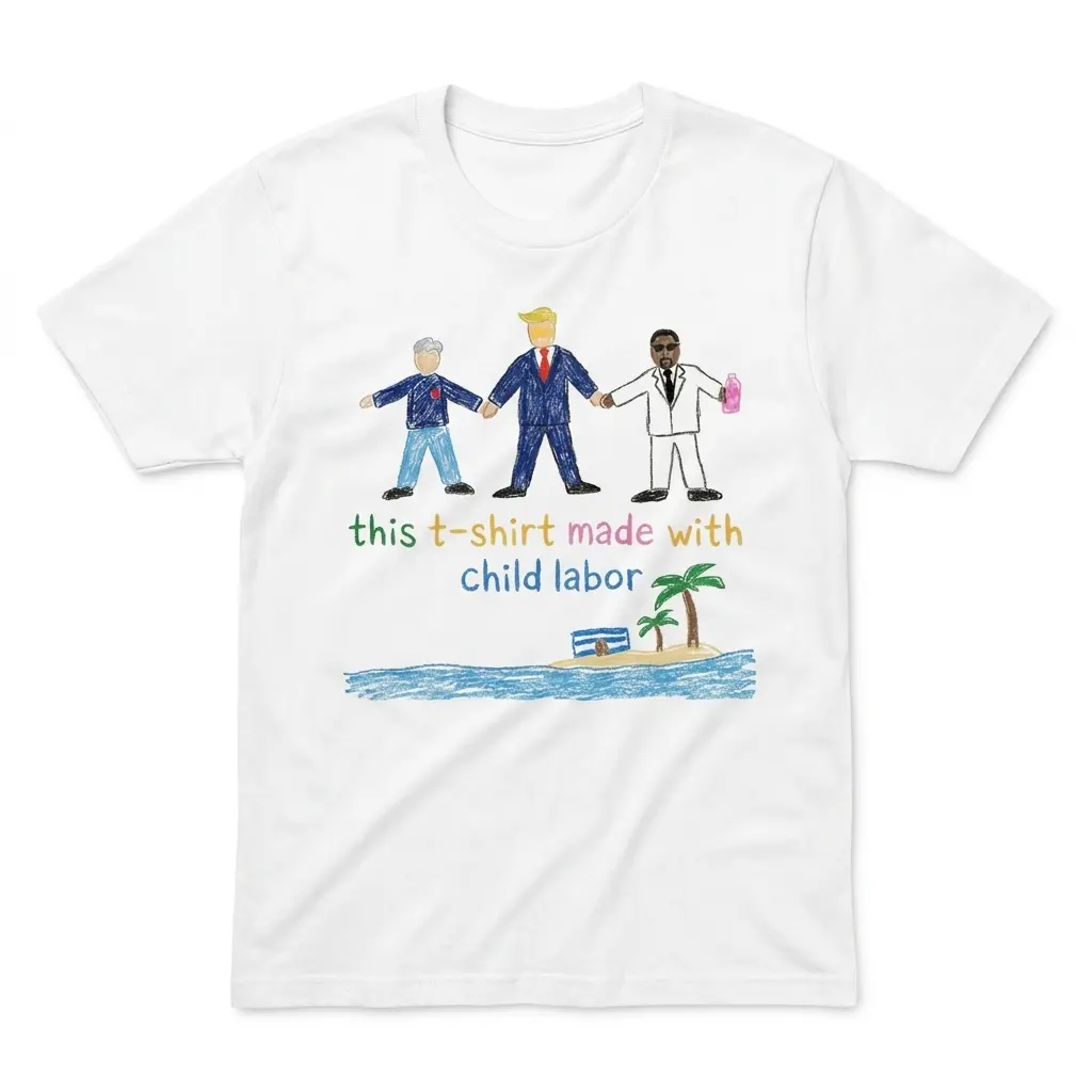 Flatlay white t-shirt featuring white tee front print reading THIS T-SHIRT MADE WITH CHILD LABOR with three crayon figures and a palm tree island