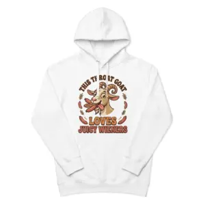 This Throat Goat Loves Juicy Wieners Funny T-Shirt 7 Front flat lay of a hoodie printed with the funny cartoon goat and This Throat Goat Loves Juicy Wieners graphic design.