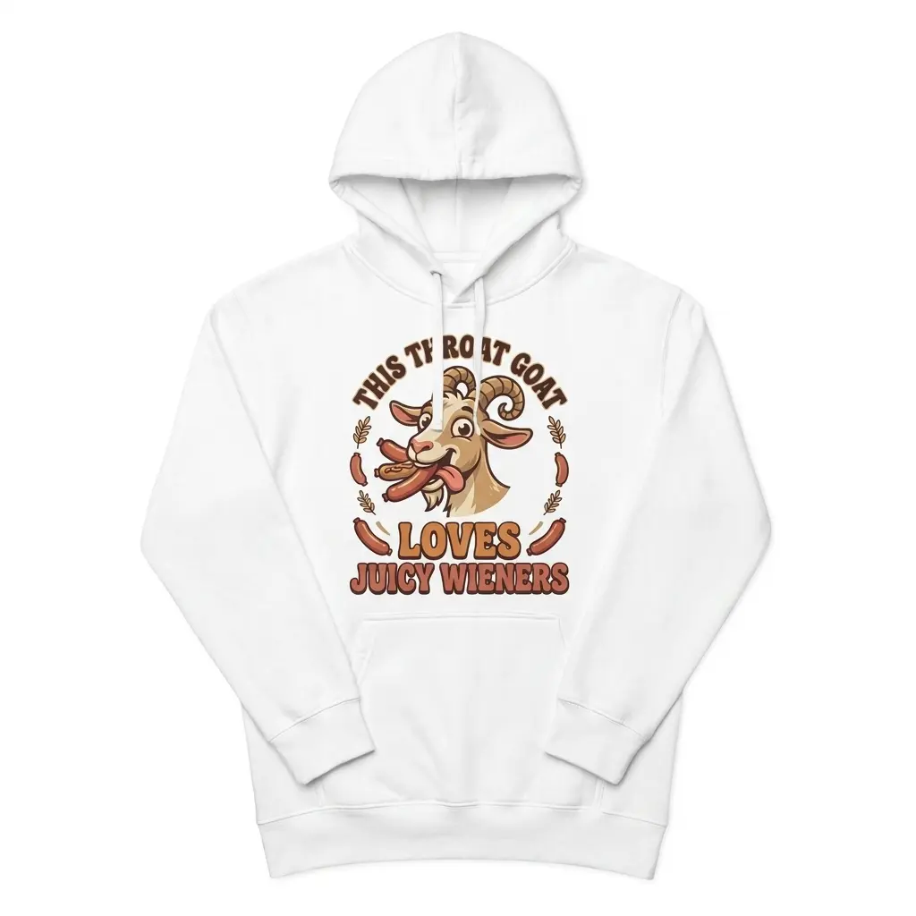 Front flat lay of a hoodie printed with the funny cartoon goat and This Throat Goat Loves Juicy Wieners graphic design.