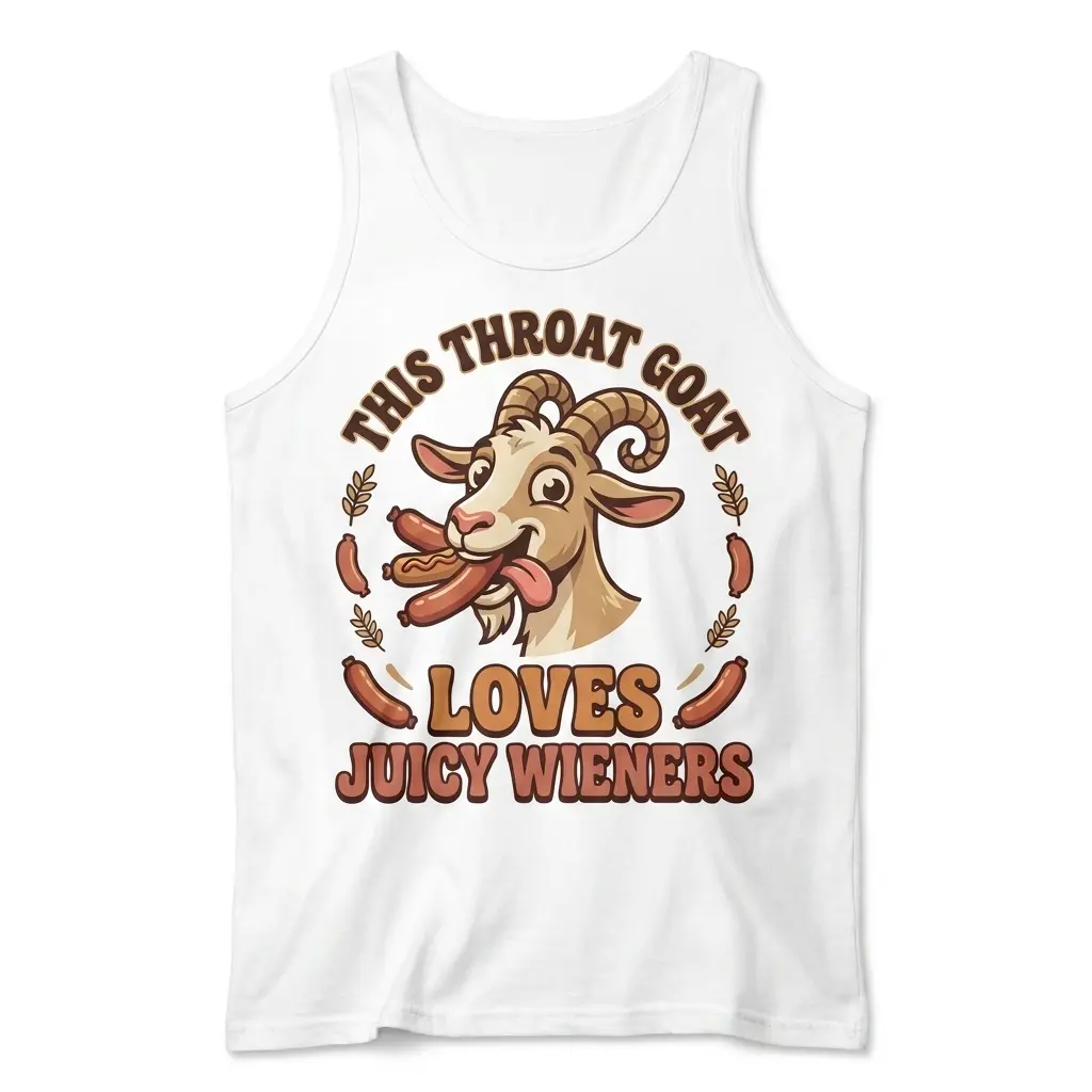 Front flat lay of a tank top with the humorous goat eating sausages and This Throat Goat Loves Juicy Wieners text print.