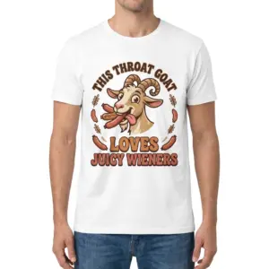 This Throat Goat Loves Juicy Wieners Funny T-Shirt 9 Male model wearing the white This Throat Goat Loves Juicy Wieners t-shirt with a funny cartoon goat graphic.