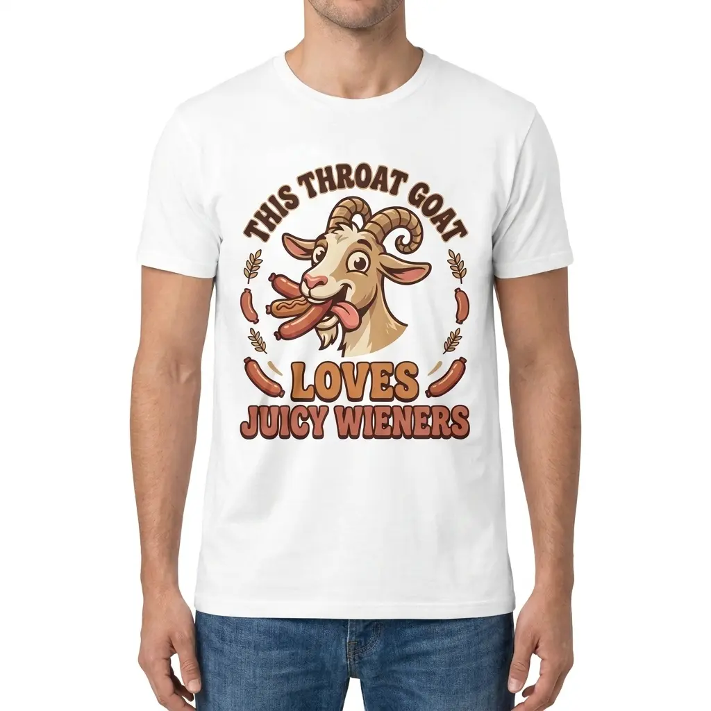 Male model wearing the white This Throat Goat Loves Juicy Wieners t-shirt with a funny cartoon goat graphic.