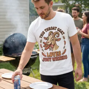 This Throat Goat Loves Juicy Wieners Funny T-Shirt 10 Lifestyle view showcasing the funny This Throat Goat Loves Juicy Wieners graphic t-shirt in everyday wear.