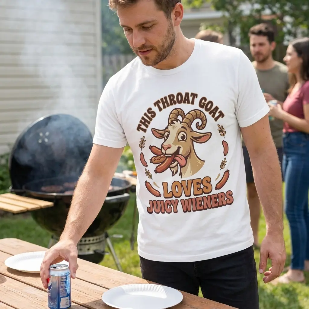 Lifestyle view showcasing the funny This Throat Goat Loves Juicy Wieners graphic t-shirt in everyday wear.