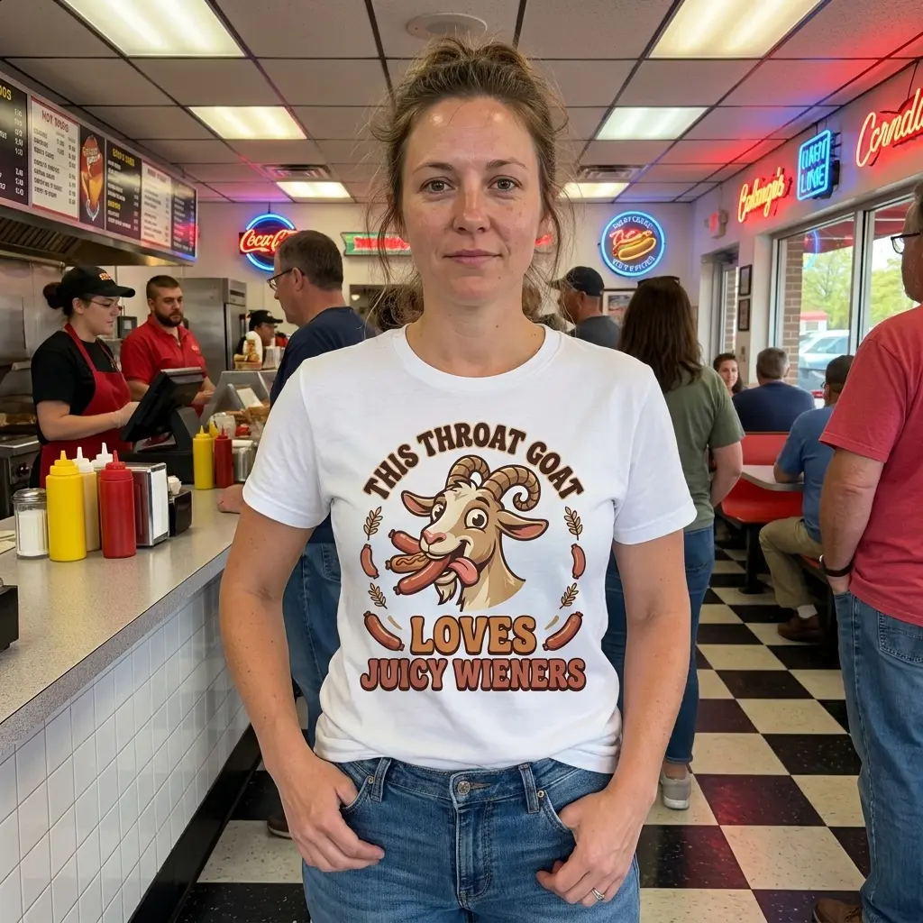 Close-up lifestyle presentation of the This Throat Goat Loves Juicy Wieners graphic print on a casual t-shirt.