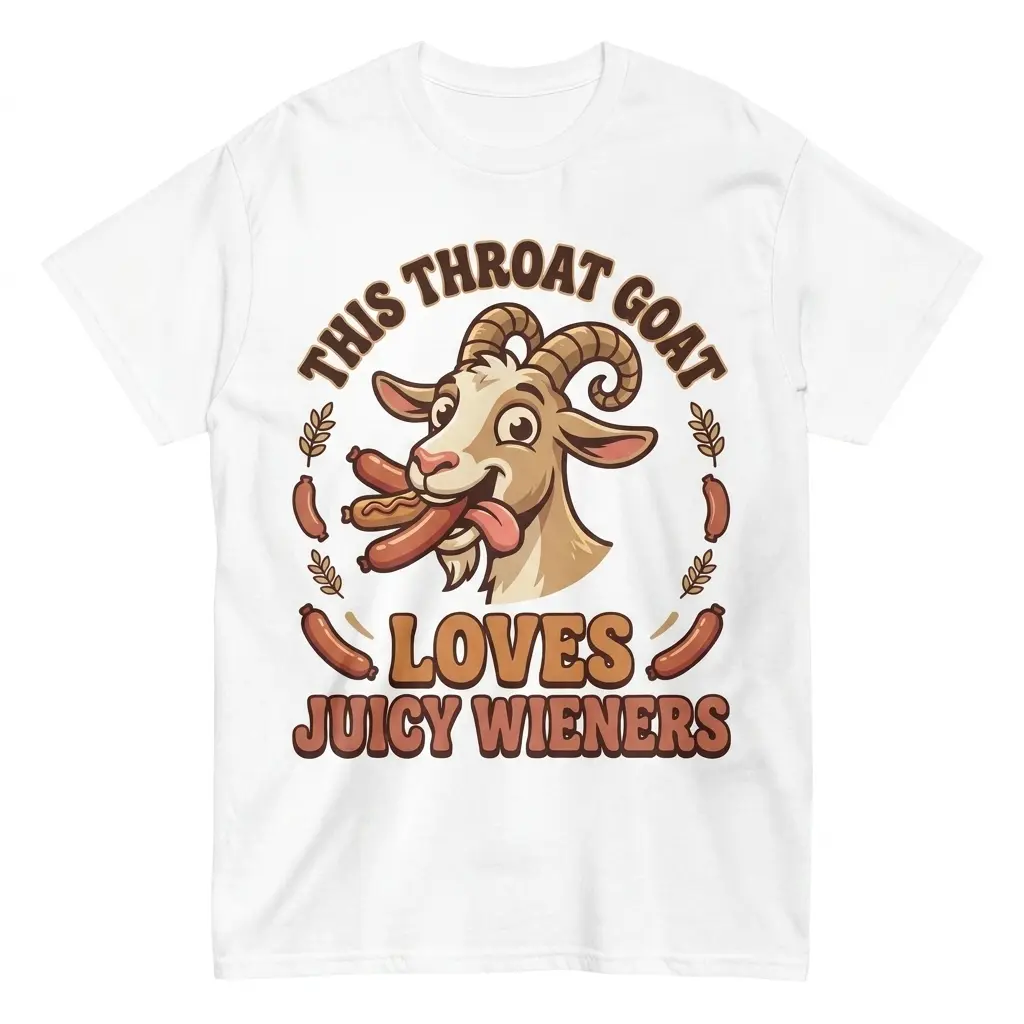 Flat lay of a white t-shirt featuring a cartoon goat eating hot dogs and text reading This Throat Goat Loves Juicy Wieners.