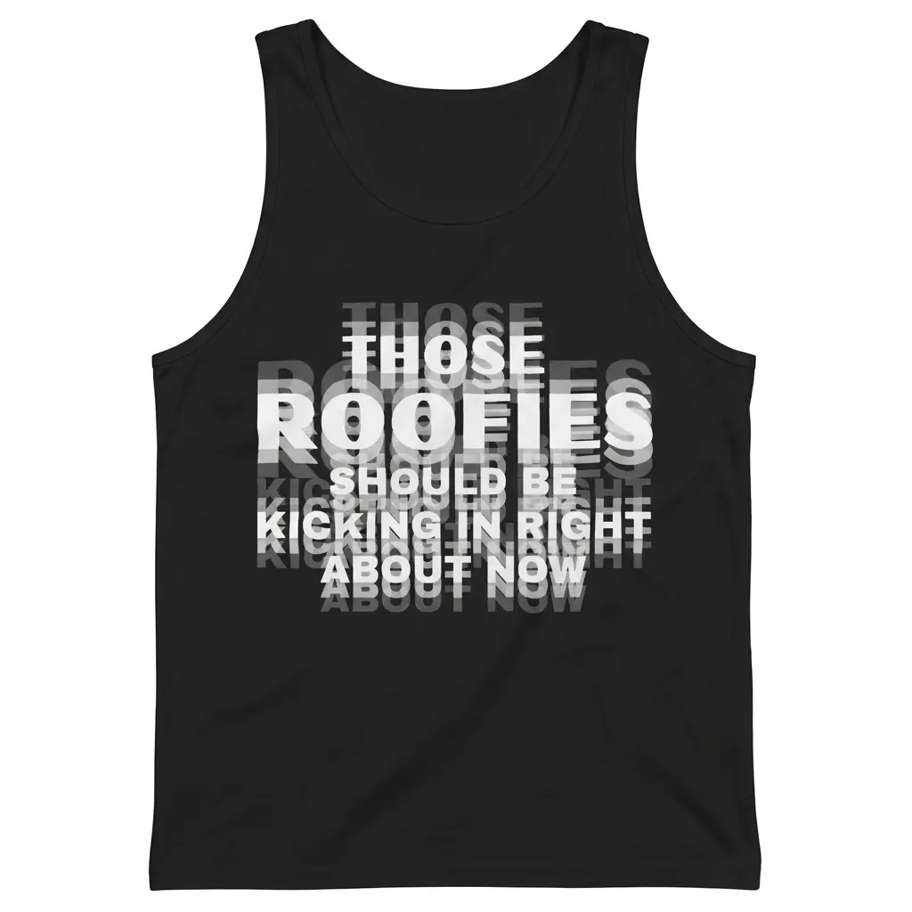 Sleeveless casual tank top with black tee front print reading THOSE ROOFIES SHOULD BE KICKING IN RIGHT ABOUT NOW in blurry layered text