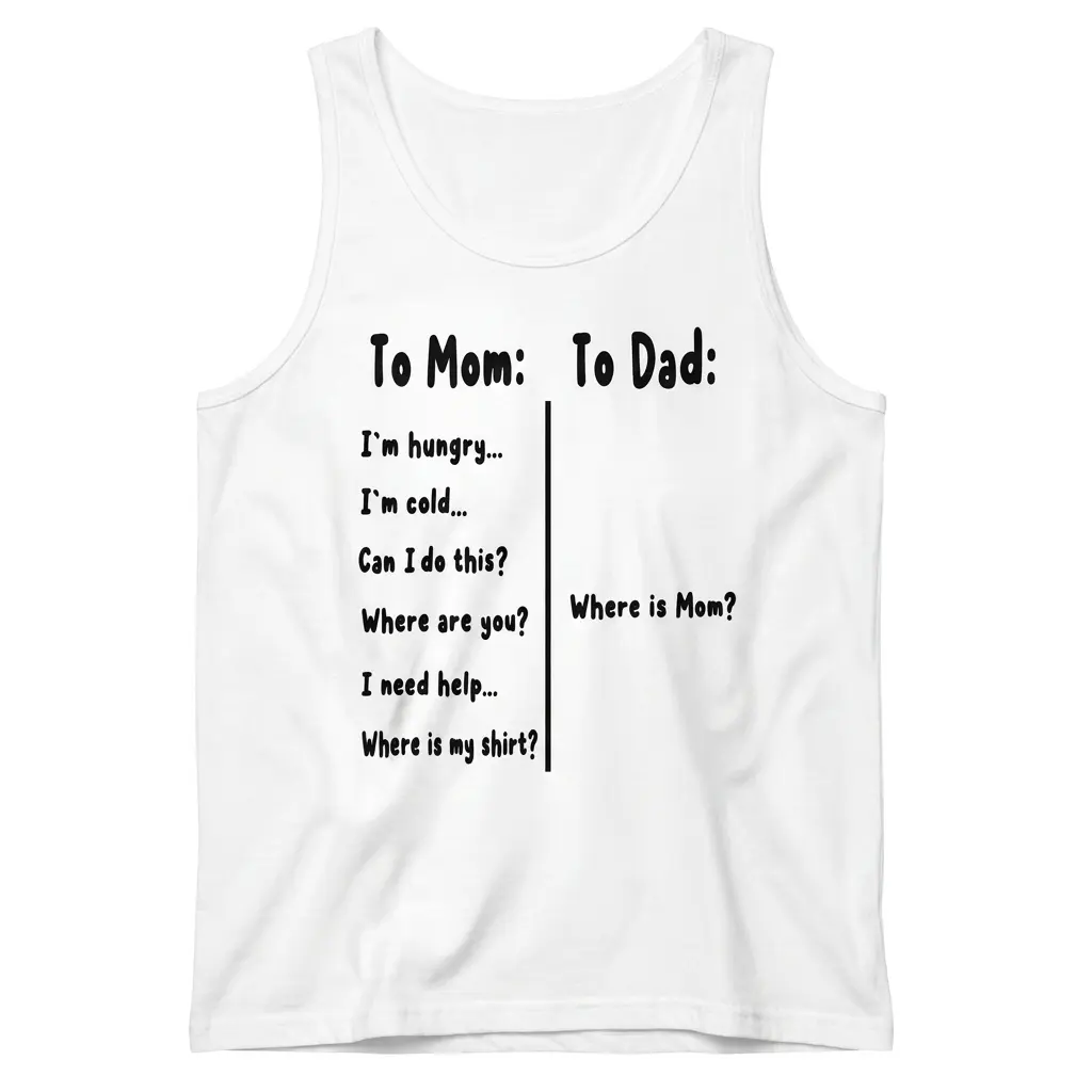 Sleeveless tank top laid flat displaying the funny To Mom and To Dad parenting quote design.