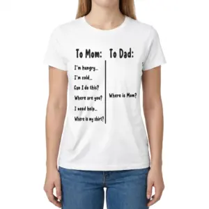 To Mom To Dad Where Is Mom Funny Parenting T-Shirt 9 Front view of a woman wearing the To Mom To Dad Where is Mom funny parenting t-shirt.