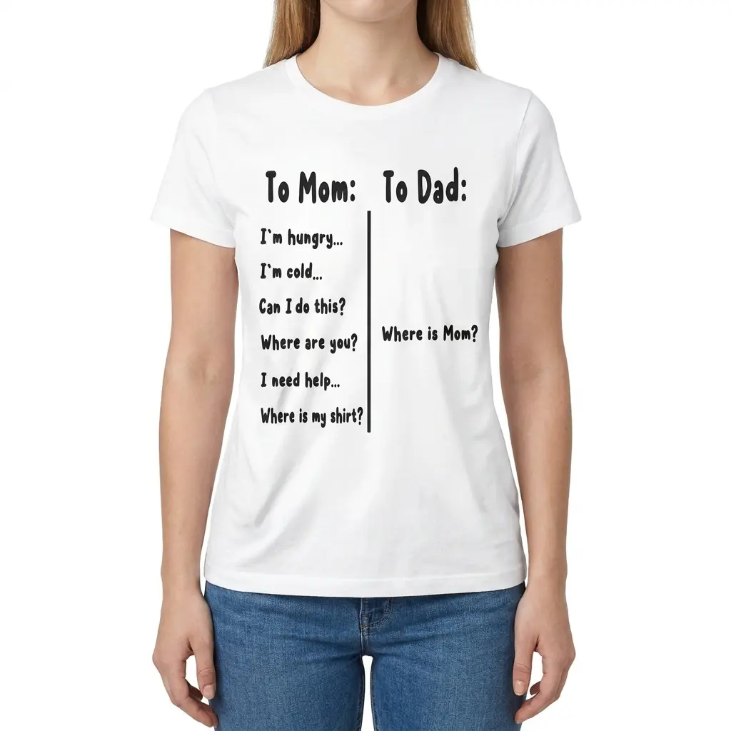 Front view of a woman wearing the To Mom To Dad Where is Mom funny parenting t-shirt.