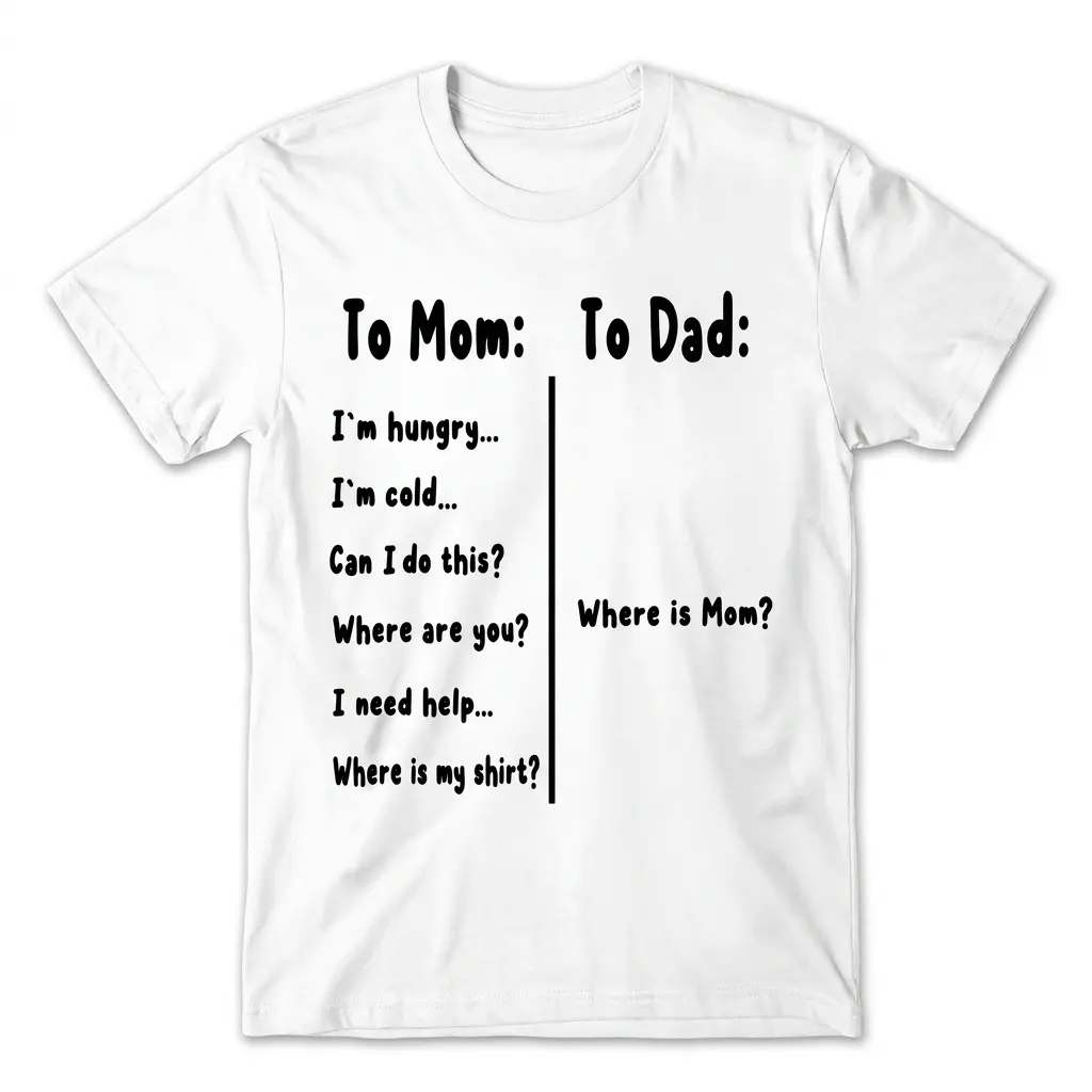Flat lay of a white t-shirt featuring the funny To Mom vs To Dad Where is Mom parenting text graphic.