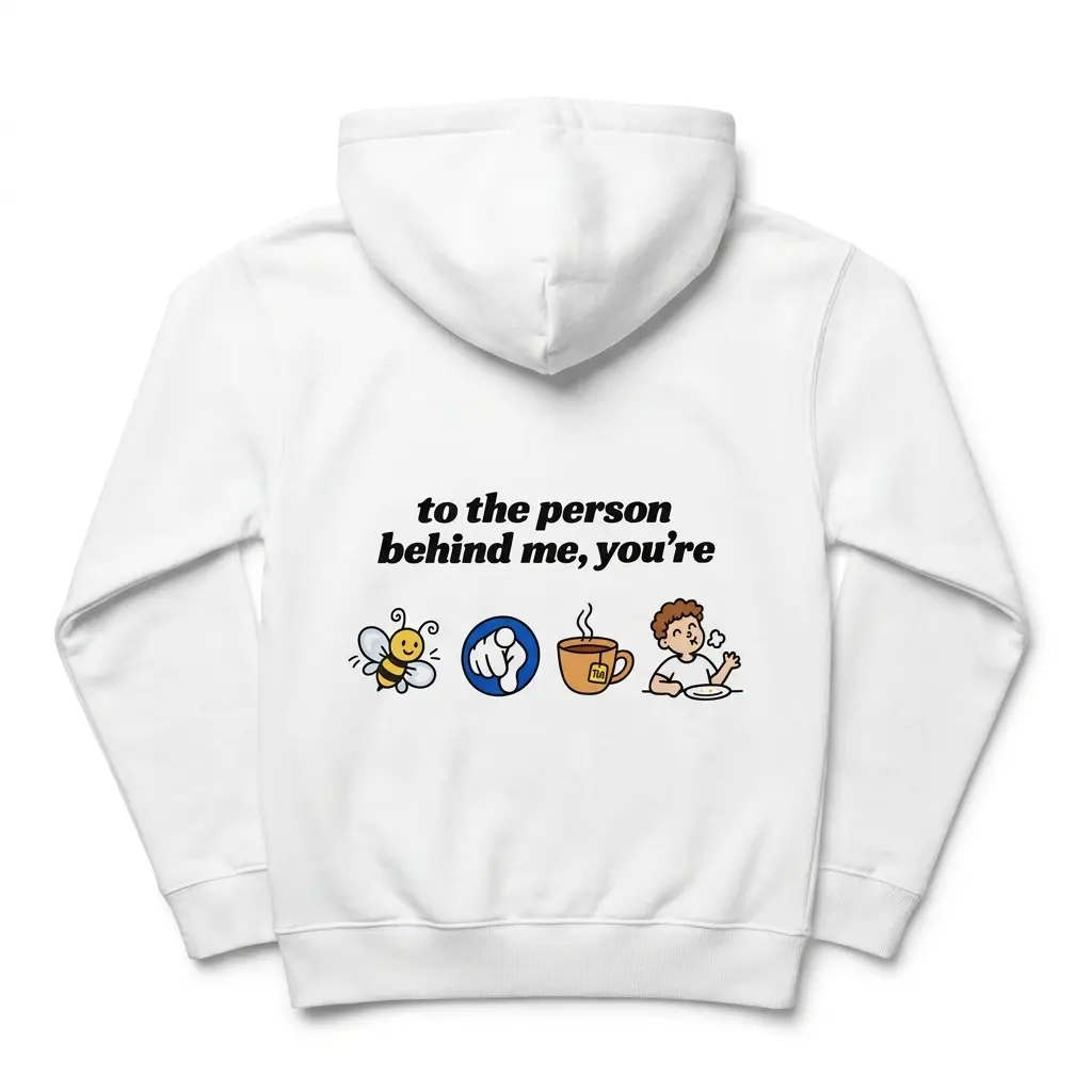To the Person Behind Me Rebus Puzzle Funny T-Shirt 2 Cozy pullover hoodie displaying back print reading to the person behind me you're with bee pointing finger tea cup and full cartoon icons