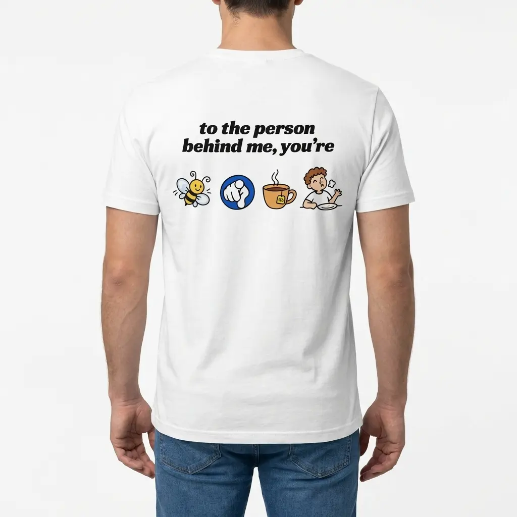 To the Person Behind Me Rebus Puzzle Funny T-Shirt 4 Man wearing white graphic tee with back print reading to the person behind me you're with bee pointing finger tea cup and full cartoon icons