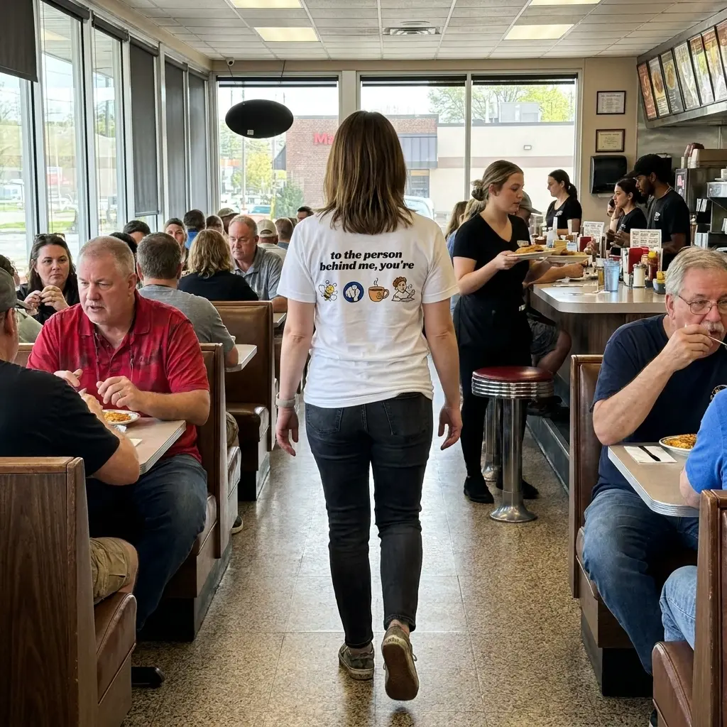 To the Person Behind Me Rebus Puzzle Funny T-Shirt 5 Everyday streetwear outfit styling white shirt with back print reading to the person behind me you're with bee pointing finger tea cup and full cartoon icons