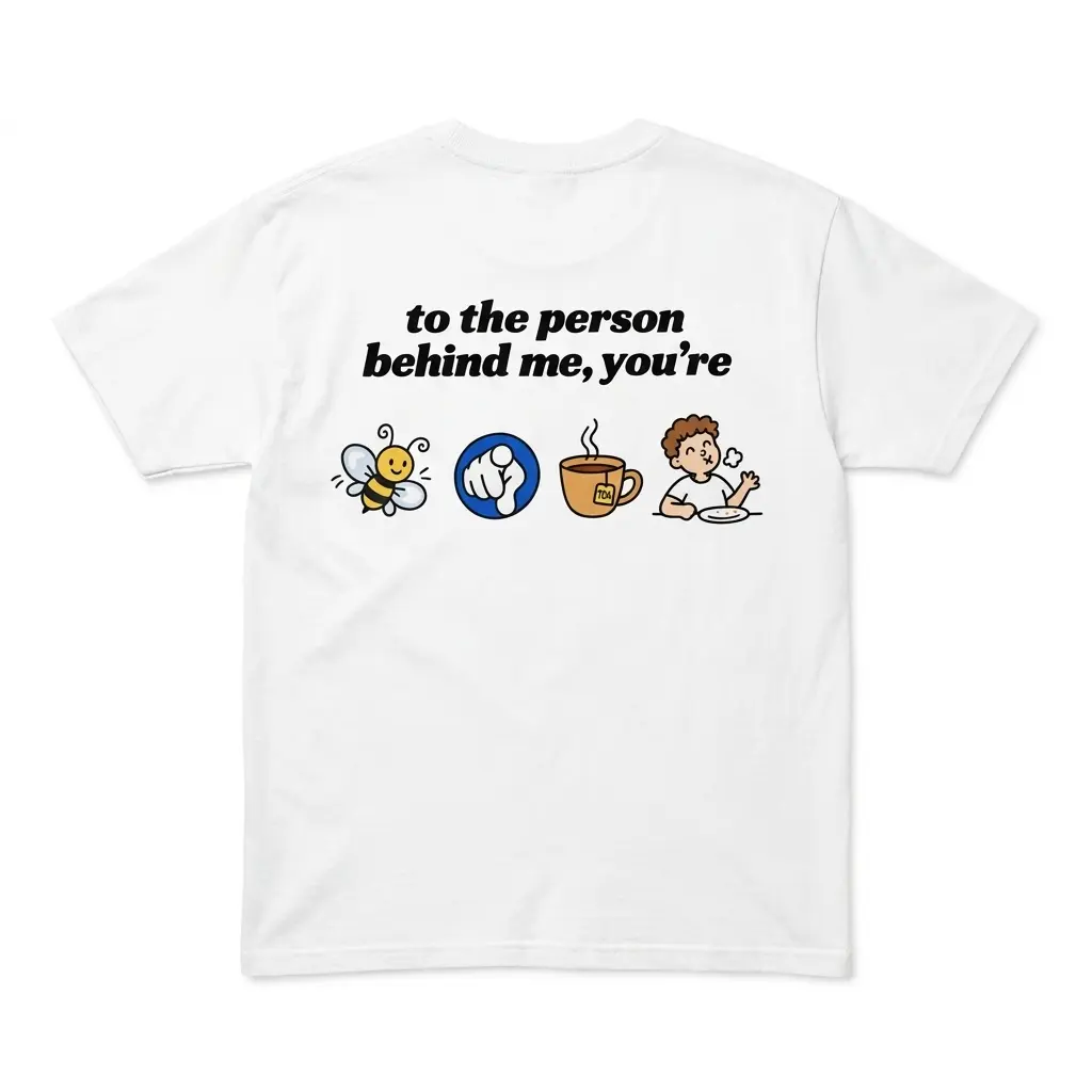 To the Person Behind Me Rebus Puzzle Funny T-Shirt 1 Flatlay white t-shirt featuring back print reading to the person behind me you're with bee pointing finger tea cup and full cartoon icons