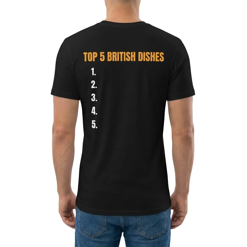Man wearing black graphic tee with black tee back print reading TOP 5 BRITISH DISHES in orange above a blank numbered list 1 to 5