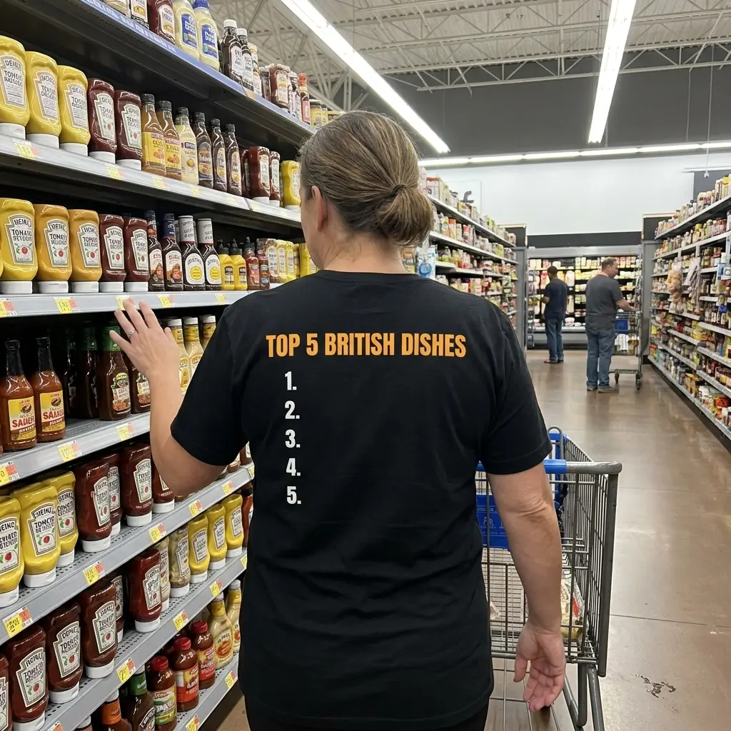 Close-up casual look showcasing black tee and black tee back print reading TOP 5 BRITISH DISHES in orange above a blank numbered list 1 to 5