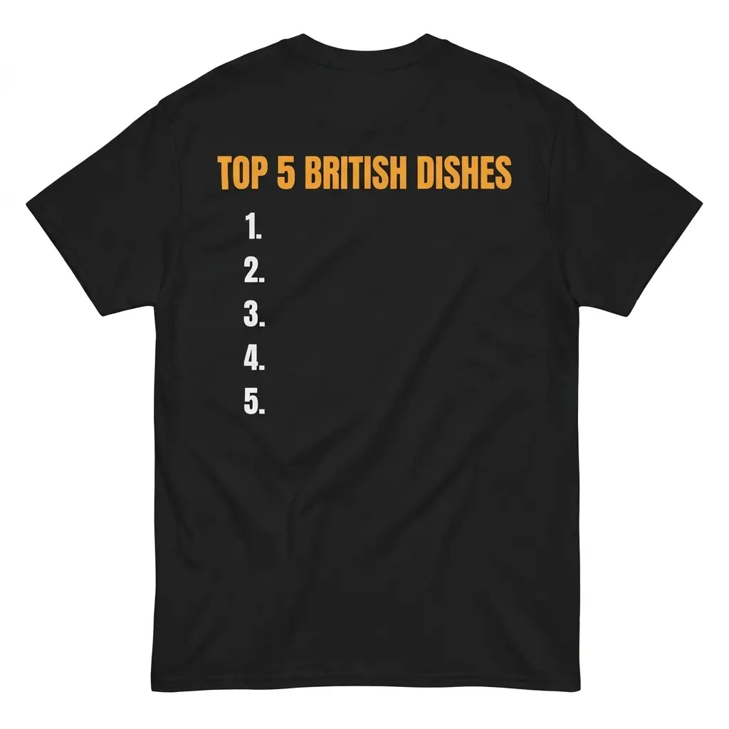 Flatlay black t-shirt featuring black tee back print reading TOP 5 BRITISH DISHES in orange above a blank numbered list 1 to 5