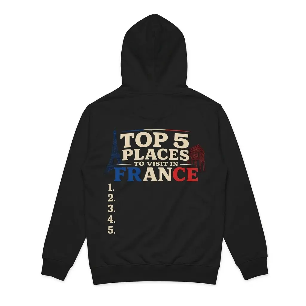 Top 5 Places To Visit In France Blank List Funny T-Shirt 2 Cozy pullover hoodie displaying black tee back print reading TOP 5 PLACES TO VISIT IN FRANCE with landmarks above an empty list 1 to 5