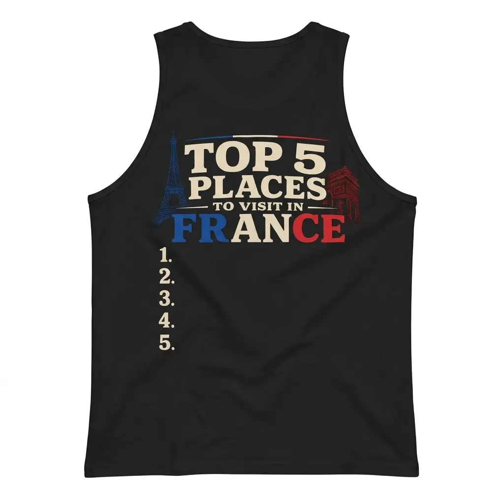 Top 5 Places To Visit In France Blank List Funny T-Shirt 3 Sleeveless casual tank top with black tee back print reading TOP 5 PLACES TO VISIT IN FRANCE with landmarks above an empty list 1 to 5