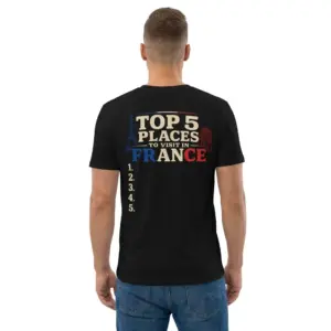 Top 5 Places To Visit In France Blank List Funny T-Shirt 9 Man wearing black graphic tee with black tee back print reading TOP 5 PLACES TO VISIT IN FRANCE with landmarks above an empty list 1 to 5