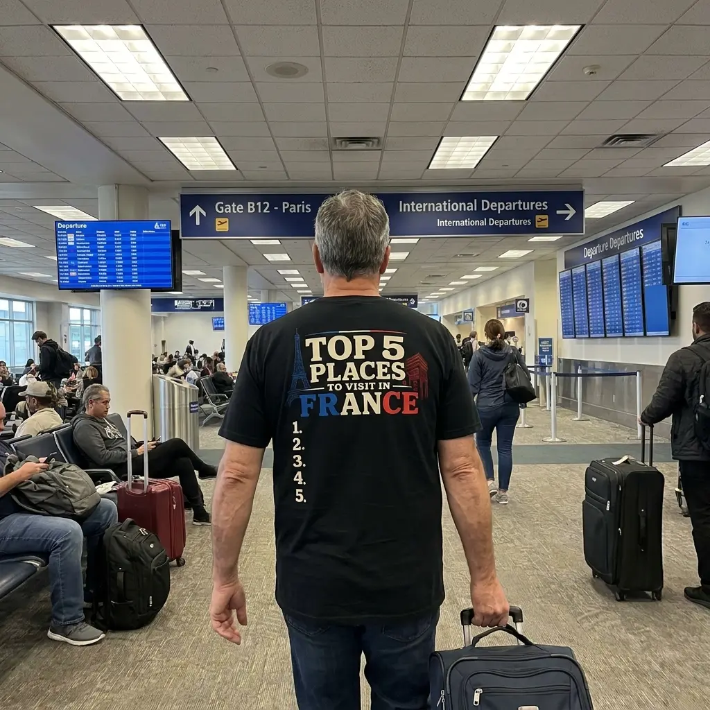 Top 5 Places To Visit In France Blank List Funny T-Shirt 5 Everyday streetwear outfit styling black shirt with black tee back print reading TOP 5 PLACES TO VISIT IN FRANCE with landmarks above an empty list 1 to 5