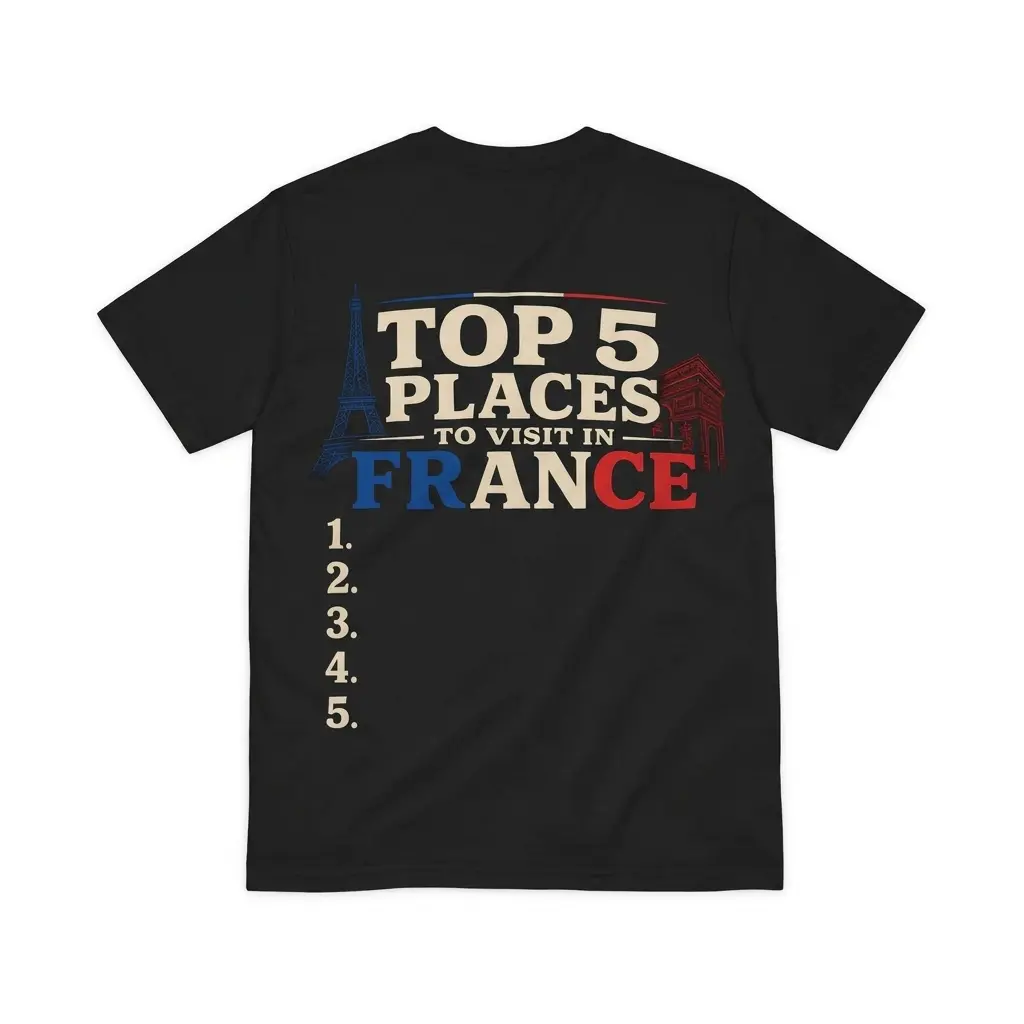 Top 5 Places To Visit In France Blank List Funny T-Shirt 1 Flatlay black t-shirt featuring black tee back print reading TOP 5 PLACES TO VISIT IN FRANCE with landmarks above an empty list 1 to 5