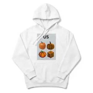 Us Four Pumpkins Friend Group Meme Funny T-Shirt 7 Cozy pullover hoodie displaying white tee front print reading US above four different realistic cartoon pixel and blocky pumpkin illustrations
