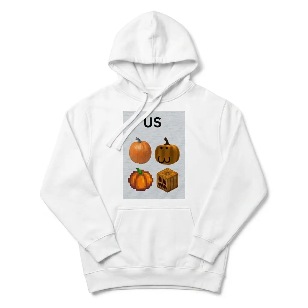 Cozy pullover hoodie displaying white tee front print reading US above four different realistic cartoon pixel and blocky pumpkin illustrations