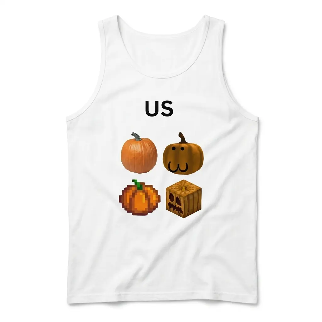 Sleeveless casual tank top with white tee front print reading US above four different realistic cartoon pixel and blocky pumpkin illustrations