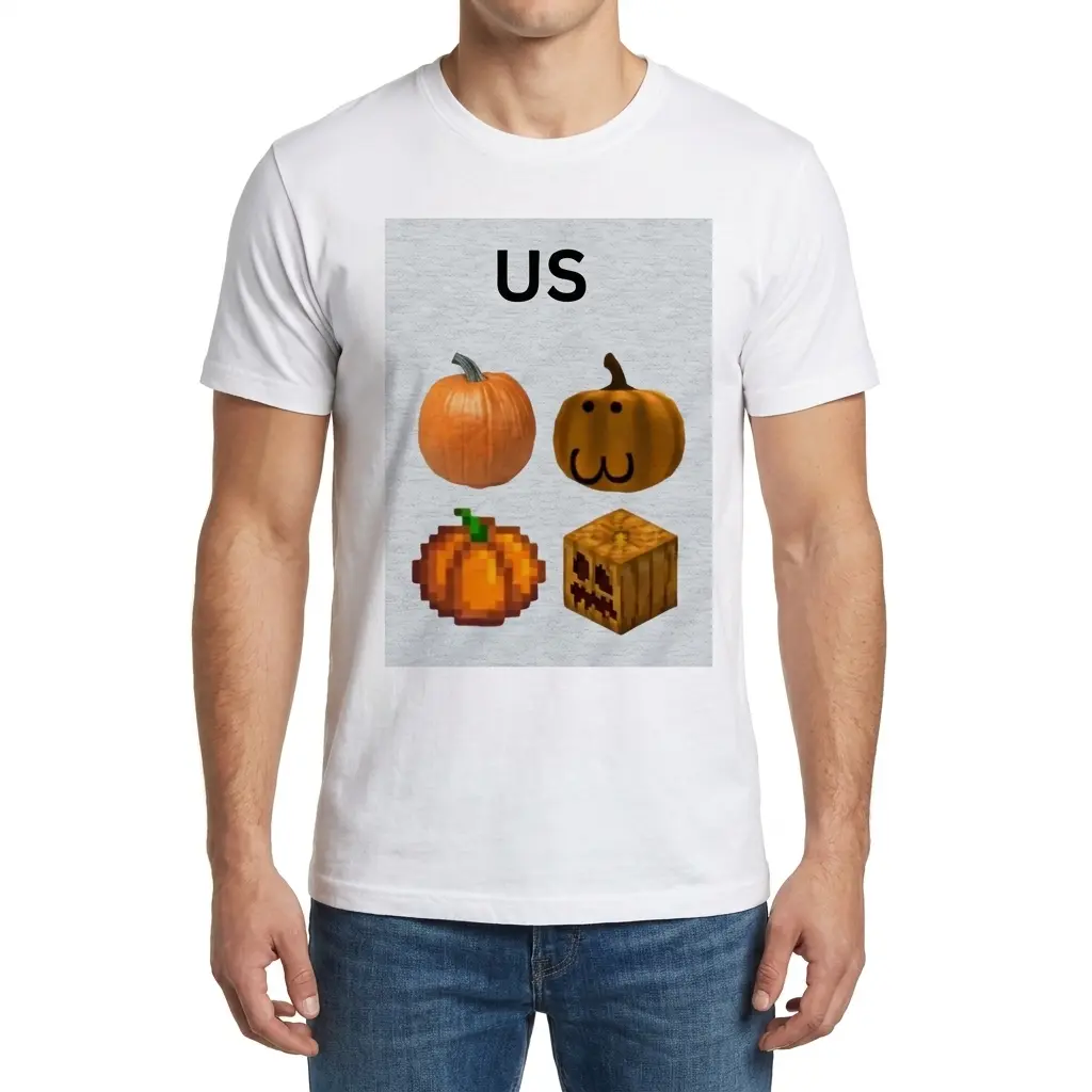 Man wearing white graphic tee with white tee front print reading US above four different realistic cartoon pixel and blocky pumpkin illustrations