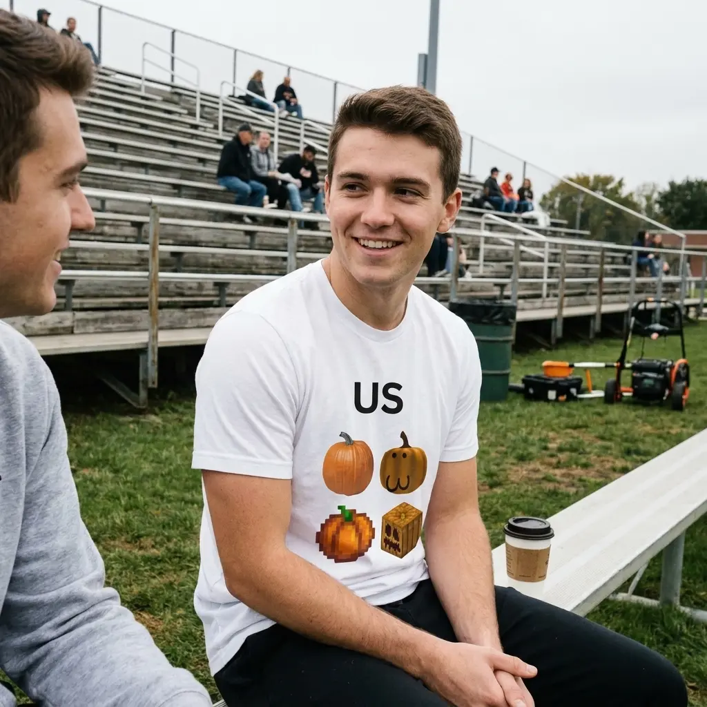 Everyday streetwear outfit styling white shirt with white tee front print reading US above four different realistic cartoon pixel and blocky pumpkin
