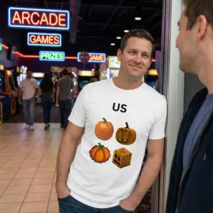 Us Four Pumpkins Friend Group Meme Funny T-Shirt 11 Close-up casual look showcasing white tee and white tee front print reading US above four different realistic cartoon pixel and blocky pumpkin illustrations
