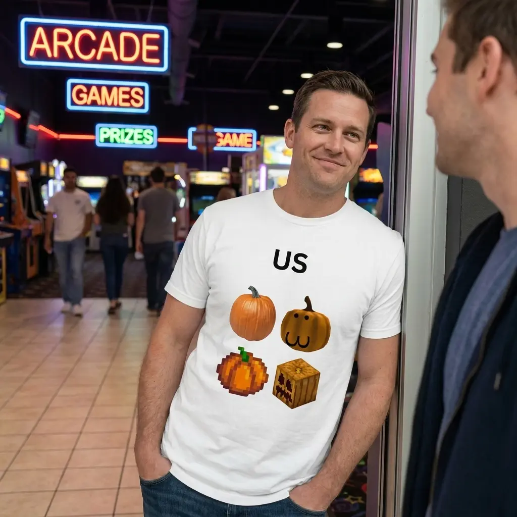 Close-up casual look showcasing white tee and white tee front print reading US above four different realistic cartoon pixel and blocky pumpkin illustrations
