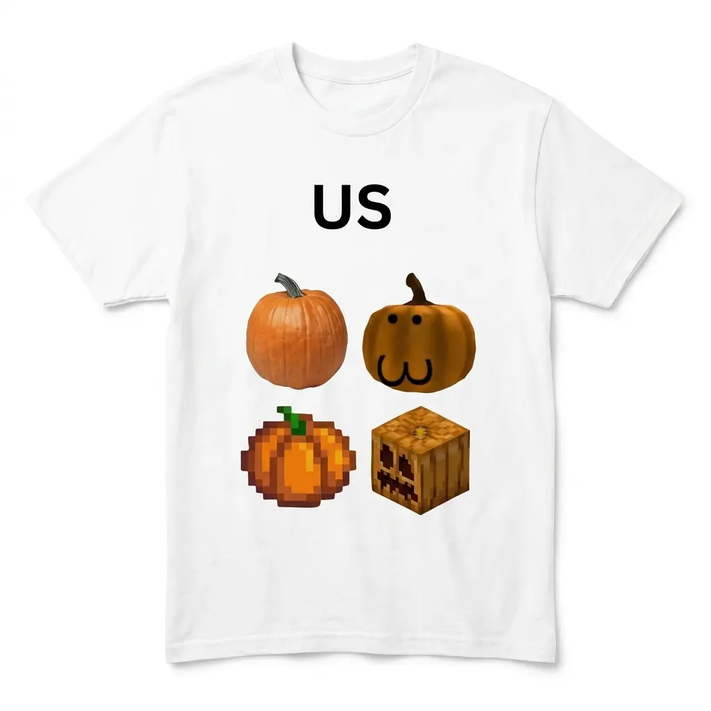 Flatlay white t-shirt featuring white tee front print reading US above four different realistic cartoon pixel and blocky pumpkin illustrations