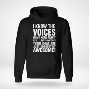 Voices in My Head Have Awesome Ideas Funny T-Shirt 7 Front flat lay of a hoodie displaying the funny voices in my head have awesome ideas text graphic across the chest.