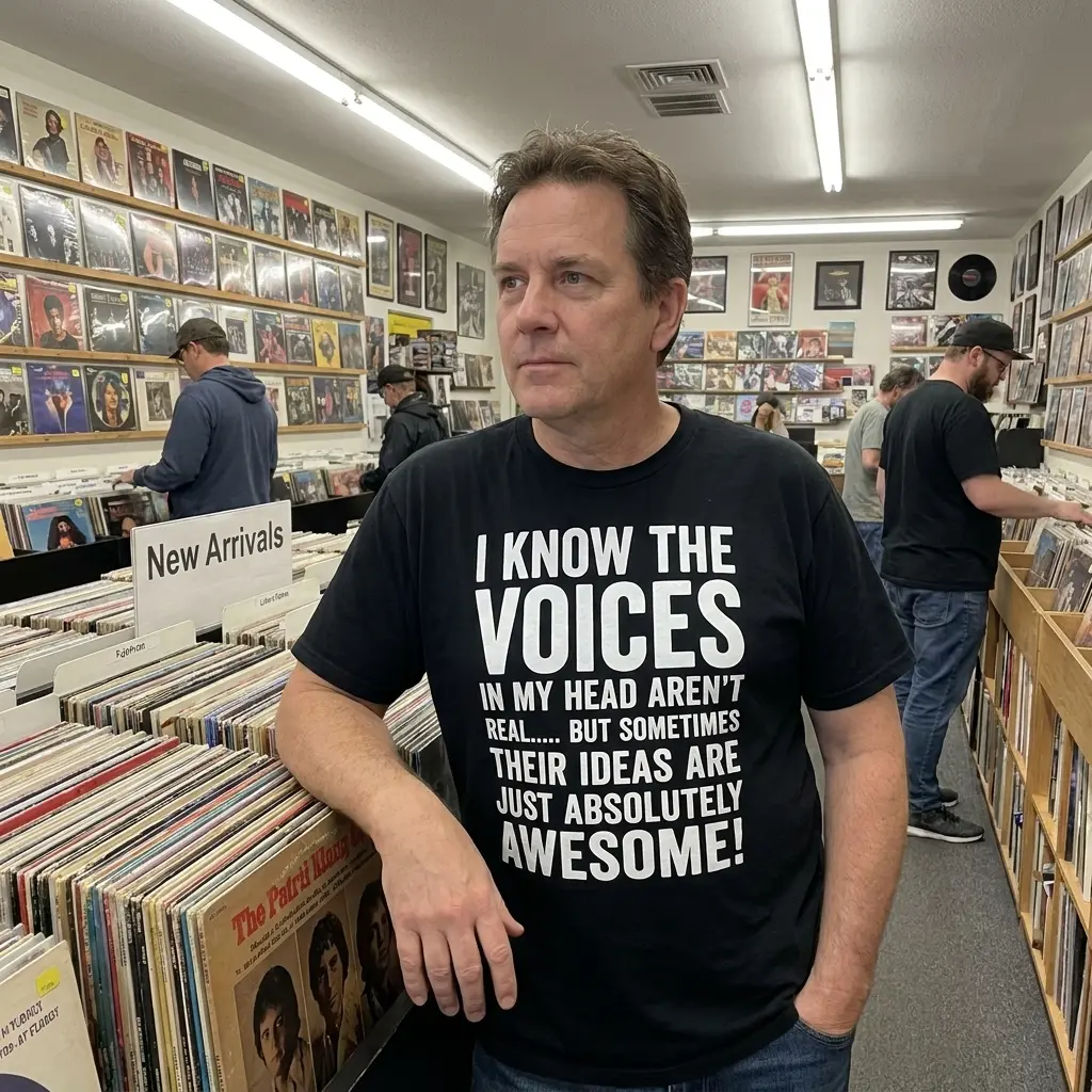 Voices in My Head Have Awesome Ideas Funny T-Shirt 6 Alternative lifestyle view showcasing the funny voices in my head graphic design on casual apparel.