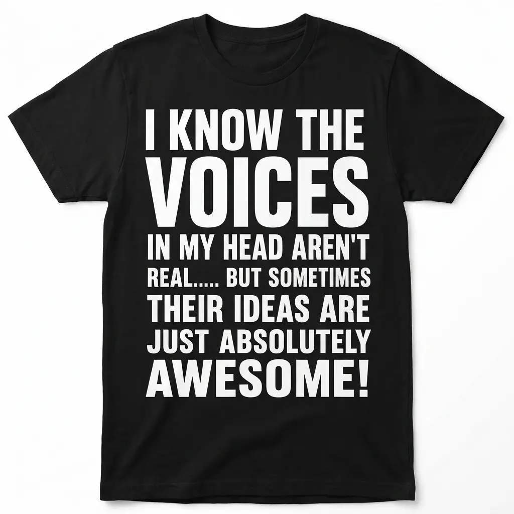 Voices in My Head Have Awesome Ideas Funny T-Shirt 1 Flat lay of a black voices in my head shirt featuring the humorous quote about voices having awesome ideas printed in bold white text.